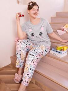 Slumberry CURVE Cute Cat Print Round Neck Short Sleeve Loose Fit Pajama Set For Plus Size - Multicolor - View 5