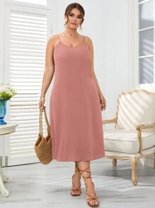 SHEIN LUNE Plus Size Summer Solid Color Spaghetti Strap Slit Hem Casual Dress, Boho - Dusty Pink - View 4