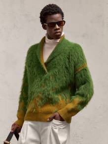 AKNOTIC Party 男士宽松落肩 V 领红绿毛衣，秋冬季休闲针织套头衫