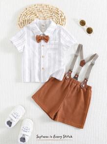 Cozy Pixies 2pcs Baby Boy Colorful Striped Bowknot Collar Short Sleeve Cardigan And Bib Shorts Set - Multicolor - View 4