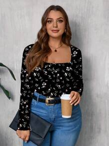 SHEIN LUNE Áo thun nữ cỡ lớn in họa tiết hoa nhí, dáng rộng, cổ vuông, thích hợp mặc mùa xuân, hè và thu. - Nhiều màu - Xem 6