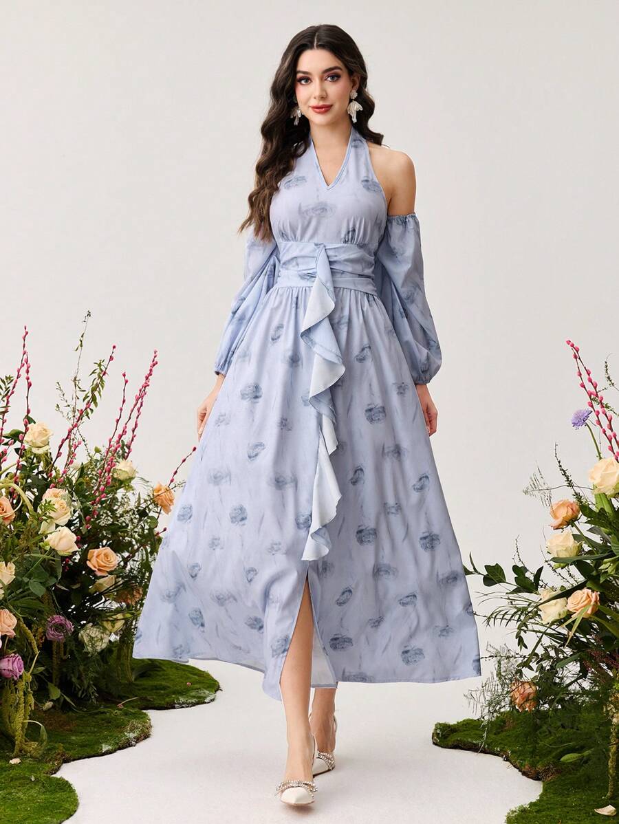 Modelyn 女士优雅碎花雪纺露肩长袖荷叶边下摆连衣裙 - 彩色 - 查看 1