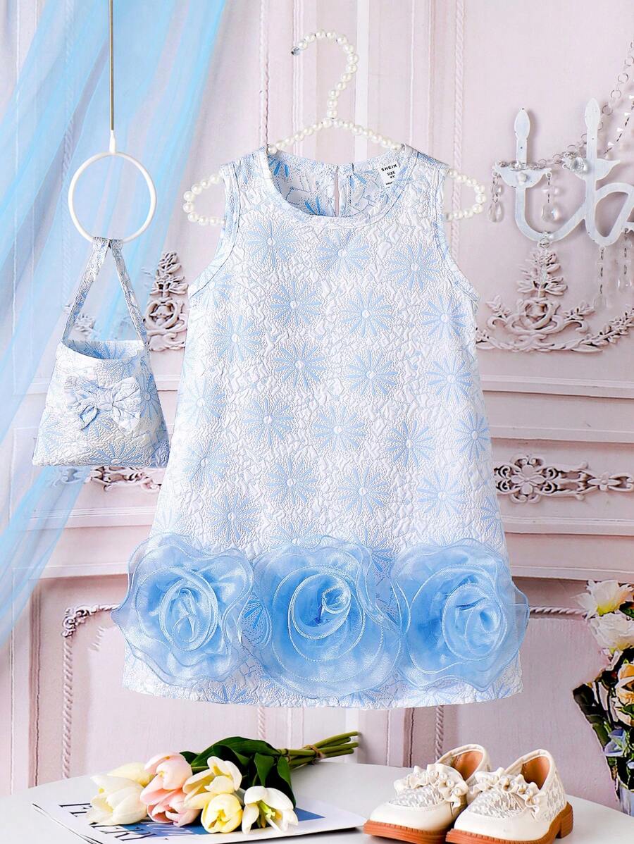 Abito a slip senza maniche con fiore grande in tessuto jacquard blu ramadan, con sacchetto abbinato, stile principessa elegante per giovani donne - Blu - Visualizzare 1