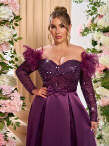 Glamrae 大码优雅浪漫紫色露肩长袖透视奢华亮片拼接 A 字长礼服、婚礼宾客礼服（羽毛肩）、派对礼服、晚礼服、长袍 - 淺灰紫 - 查看 3