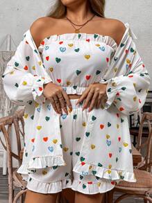 SHEIN Clasi Áo ống boho in hình trái tim ngày lễ tình nhân cỡ lớn cho nữ, quần short viền bèo nhún, bộ 3 món cài nút phía trước tay dài, cho mùa hè - Nhiều màu - Xem 1