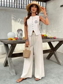 SHEIN VCAY 女士合身单排扣太阳与面孔图案吊带背心 - 白色 - 查看 6