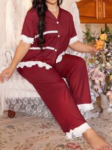 Côtesoire Plus Size Short Sleeve Top And Pants Pajama Set With Pleated Lace Patchwork & Contrast Color, For Christmas - Red - View 6