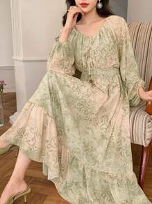 DAZY 系带灯笼袖印花中长连衣裙，适合女性，秋季长袖连衣裙，度假装扮，复活节长款连衣裙 - 薄荷綠 - 查看 4