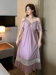 DAZY Romantic Patchwork Waist Exposed Shoulder Women Nightgown