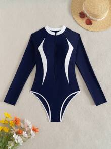 Swim SPRTY 1pc Women Long Sleeve Splice Design Blue Navy Style Beach Surfing Suit With Waistline Arc Line For Summer Beach Vacation - Blue - View 6