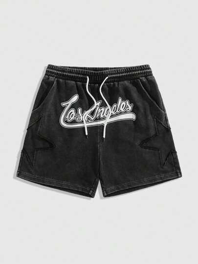 Prep Pantaloncini casual da uomo con tasche e stampa a lettere con lacci anteriori