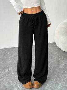 SHEIN EZwear 女式新款罗纹纯色前系带休闲宽松长裤 - 黑色 - 查看 5