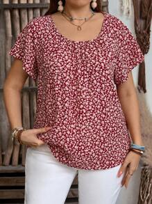 EMERY ROSE Blusa casual de manga corta con estampado floral todo sobre para mujer de talla grande, estilo bohemio para mujeres/verano, atuendos para vacaciones - Rojo - Ver 4