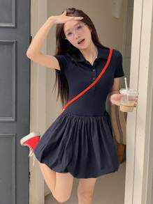 DAZY Women's Fitted Short Bubble Hem Dress Sundress Shirt Dress,Casual Women Dresses - Black - View 2