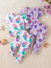 4-Piece Set Baby Girls Cute Mermaid & Banana Print Solid Long Sleeve Snug Fit Bodysuit And Leggings Pajamas, Minimalist & Fashion - Multicolor - View 3