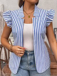 Flirla Plus Size Women's Simple Fashion Business Elegant Striped Regular Black Cap Sleeve Open-Front Blazer - Multicolor - View 5