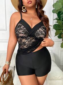 Swim Lushoire Plus Size Lace Backless Tankini Top, For Summer Beach Vacation - Black - View 6