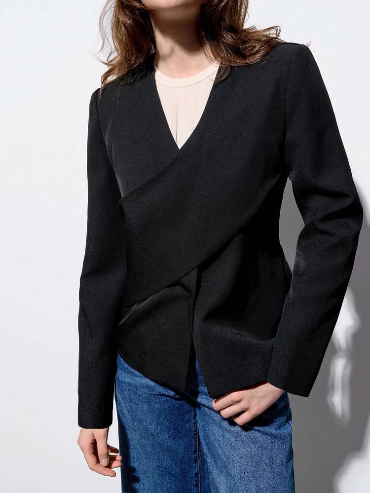 SHEIN Maija 2025 Summer New Fashion Business Casual Women's Black Asymmetric Criss-Cross V-Neck Blouse, Versatile Suitable For Business, Music Festivals, Beach Vacations, Daily Casual, Romantic Urban Getaways, Weddings, Graduation, Blazer