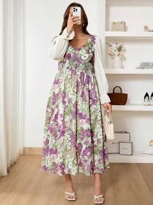 SHEIN Frenchy Robe de femme grande taille élégante et romantique avec impression de surpiqûre, bordure de taille, couleur bloc, col V en mousseline, modeste, convient pour la Saint-Valentin