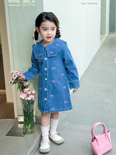 SHEIN Elladie kids Young Girl Versatile Comfortable Washed Soft Vacation Casual Fashion Cute Bow Denim Dress, Lightweight, Spring/Autumn