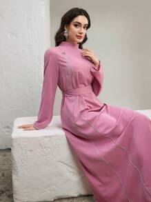 Graceveil Elegant Lace Trim Stand Collar Arabic Style Dress