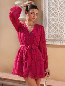 Revavyn Đầm ngắn tay dài cạp cao thiết kế thời trang, thanh lịch và duyên dáng theo phong cách nghỉ dưỡng cổ chữ V, viền bèo 3D, dành cho nữ, vải thu cho nữ - Màu Hồng Tươi - Xem 4