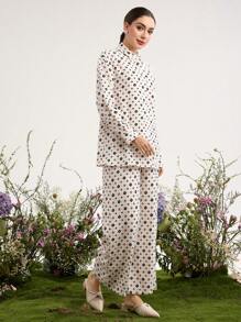 Graceveil 2pcs/Set Women Printed Collared Button-Up Long Sleeve Elasticized Waist - Multicolor - View 7