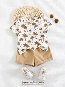 Cozy Pixies Set de 2 piezas de Top de manga corta de cuello redondo suave y pantalones cortos de cintura elástica con estampado de palmeras para bebé niño