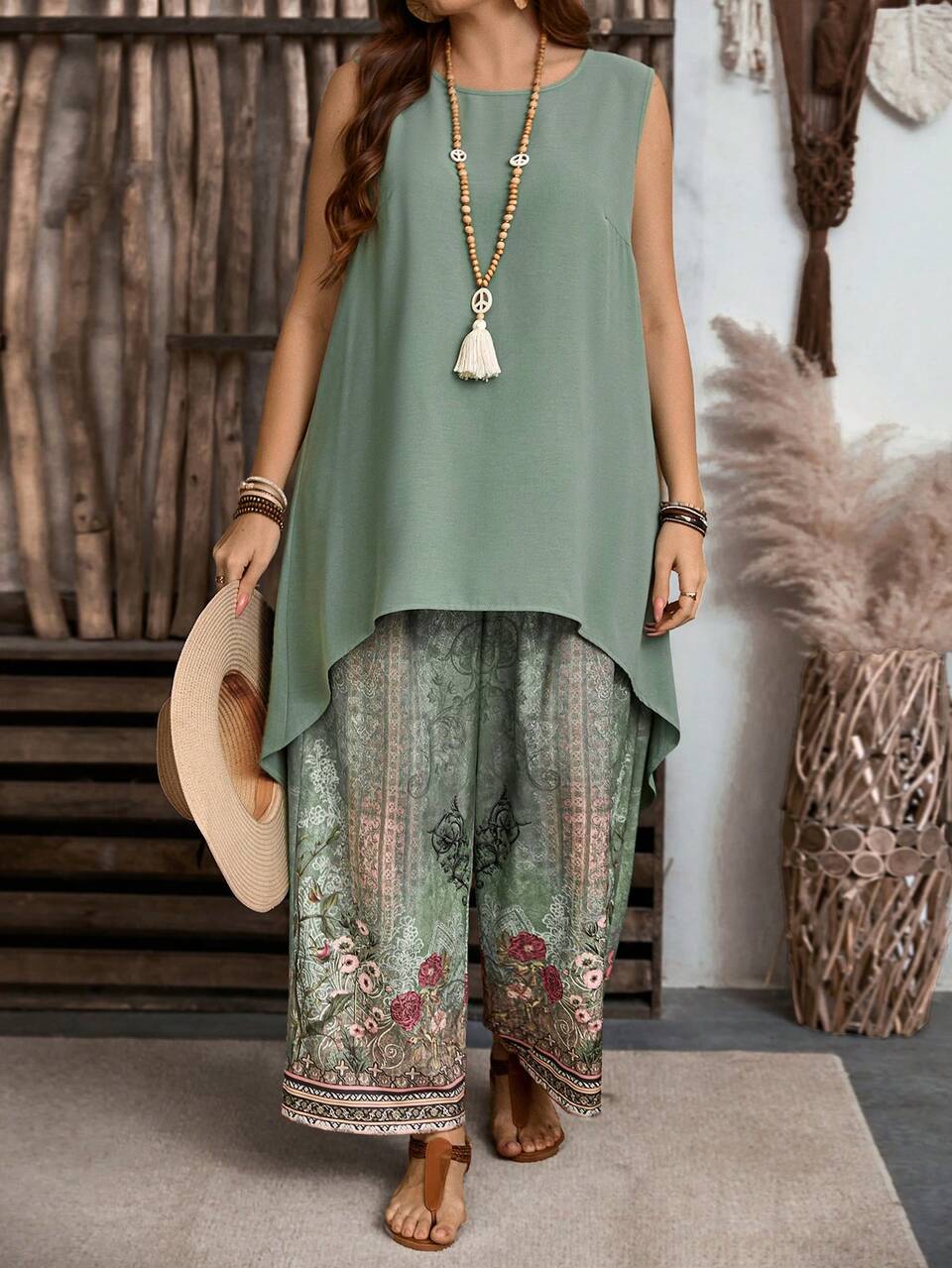 2 Pieces Set Women Plus Size Sage Green Summer Boho Vacation Holiday,Casual Round Neck Sleeveless Top And Long Pants,Western Wear,Saint Patrick's Day