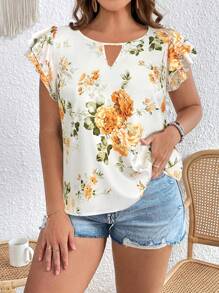 SHEIN VCAY Plus Size Women's Holiday Floral Print Ruffle Sleeve Casual Blouse - Orange - View 4