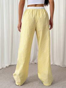 SHEIN EZwear 女式双色抽绳腰口袋格子休闲直筒裤 - 黃色 - 查看 2