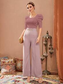 Modelyn 女士方领泡泡袖勃艮第红 T 恤 - 粉色 - 查看 3