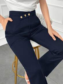 Modelyn Quần âu đơn sắc cài nút phía trước dành cho nữ, mặc hàng ngày vào mùa thu/đông - Màu xanh hải quân - Xem 3