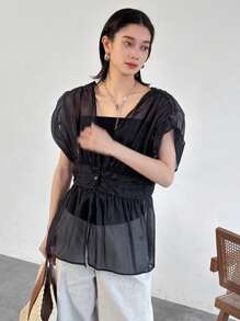 FRIFUL 女士网眼短袖褶腰休闲上衣，适合休闲度假，荷叶边