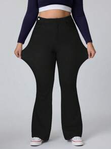 Flexra Celana Jeans Denim Model Flare Rajut Elastis untuk Wanita Ukuran Plus, Modis dan Melangsingkan - Hitam - View 5