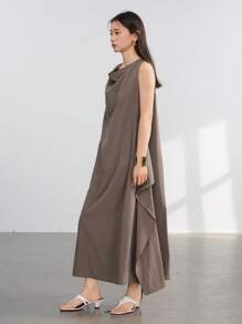 Dazy-Less Vestido de mujer de media pantorrilla con cuello con cordón, botones y diseño de lino de unicolor, estilo antiguo casual, para el verano