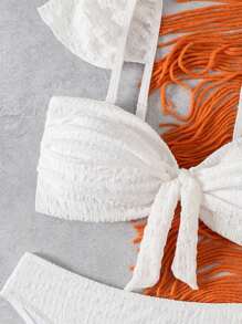 Swim Mod Women's Special Fabric Cap Sleeve Top & High-Waist Bottom Bikini Swimwear Set, For Summer Beach Vacation - White - View 4