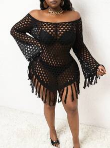 SHEIN Slayr CURVE Vestido capa de punto con hombros descubiertos y flecos de talla grande para el verano