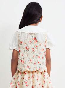 SHEIN Young Girls Spring/Autumn Casual Ditsy Floral Sleeveless Jacket - Beige - View 2