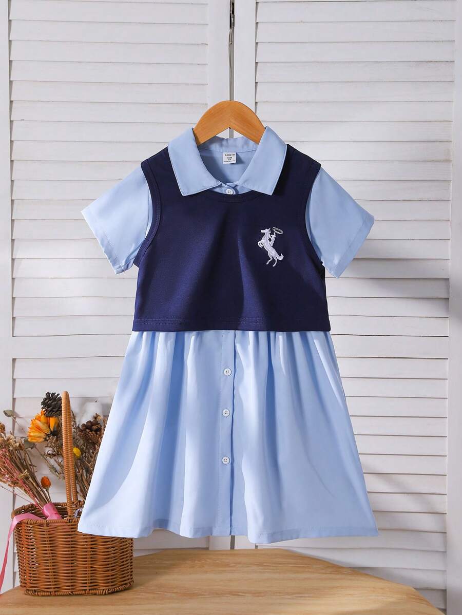SHEIN Conjunto de 2 piezas de vestido casual y lindo para niñas con estilo de academia: Camiseta de tirantes azul marina con blusa de cuello de camisería tejida azul claro, conjunto formal para niña joven