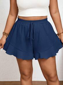 SHEIN Elaquor Quần short màu trơn cỡ lớn có viền xếp nếp kiểu Pháp - Màu xanh hải quân - Xem 7