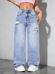 SHEIN PETITE Women's Front Button Pocket Ripped Casual Denim Jeans - Light Wash - View 1