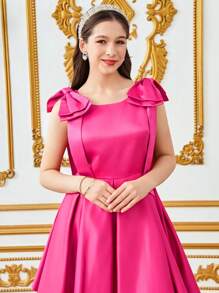 SHEIN 少女无袖褶皱双层大蝴蝶结装饰雪纺纯色伴娘礼服，淡紫色 - 玫紅色 - 查看 4