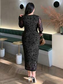Dazy Petite Plus Plus Size Flocked Print & Mesh Splice Wrap Elegant Long Dress, Black, Spring/Fall 90s Clothes Floral Long Sleeve Dress - Black - View 2