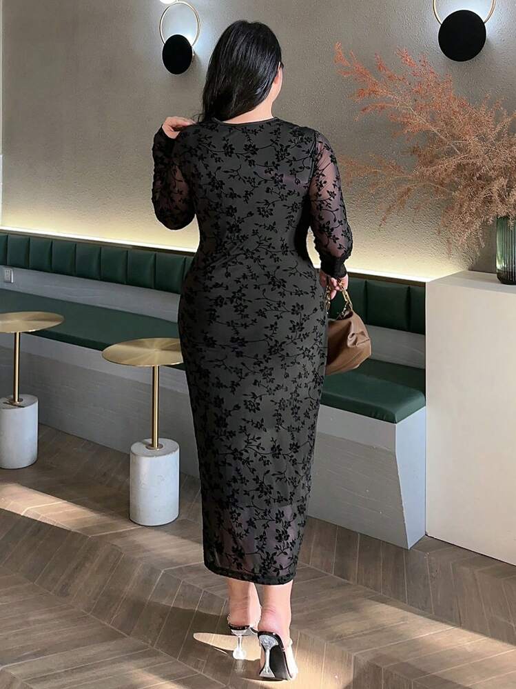 Dazy Petite Plus Plus Size Flocked Print & Mesh Splice Wrap Elegant Long Dress, Black, Spring/Fall 90s Clothes Floral Long Sleeve Dress - Black - View 2
