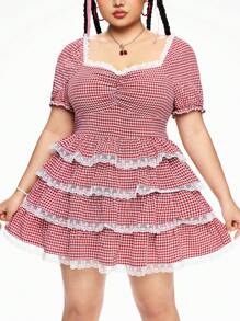 ROMWE Kawaii Vestido de mujer talla grande de verano con mangas abullonadas, estampado de cuadros y dobladillo con volantes multicapa - Rojo - Ver 6