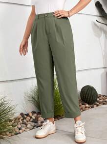 SHEIN LUNE Plus High Summer Pants Waist Plicated Detail Pants Western Wear Women Festival Boho Hippie Cowgirl Old Money Bohemian - Olive Green - View 4