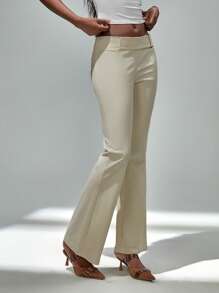 TRNVIE Women Spring/Summer Vintage Style Low Waist Fawn Color Metal Ring Buckle Elastic Comfortable Versatile Flare Pants Fall Cloth For Women - Apricot - View 7