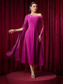 Modelyn Vestido largo de manga larga con cuello oblicuo de encaje de contraste asimétrico elegante para mujeres, vestido largo minimalista adelgazante de lujo elegante