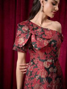 Modelyn Vestido de manga larga con decoración de flores 3D, hombro asimétrico y hilos dorados jacquard elegante para mujer